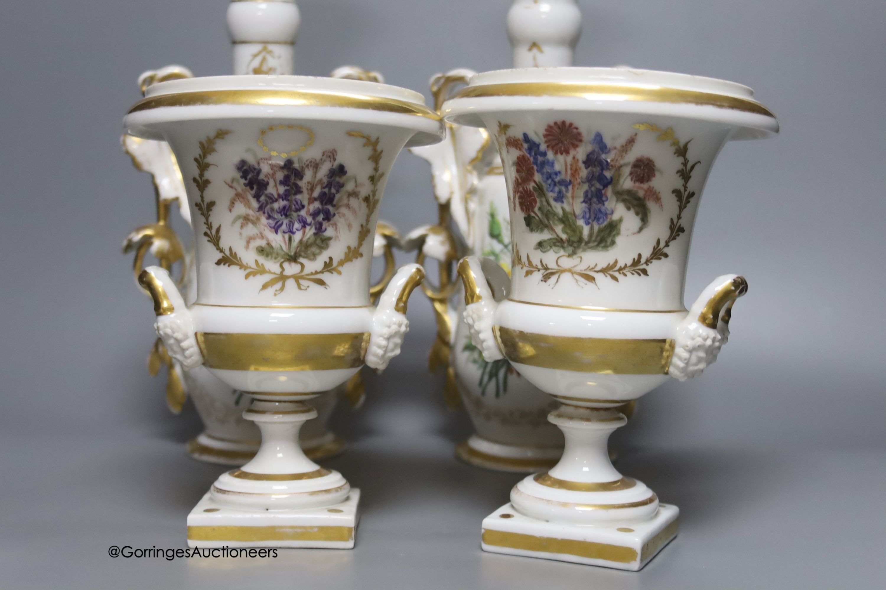 A pair of 19th century painted Paris porcelain vases, base marked B.B., together with a pair of Paris porcelain campana urns, tallest 32cm